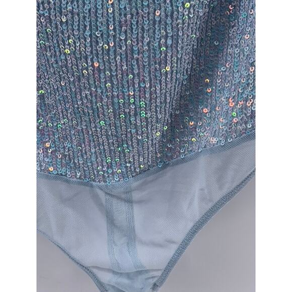 FREE PEOPLE Women's Light Blue Sequin Sheer Sparks Fly Corset Bodysuit SZ S - Picture 7 of 13